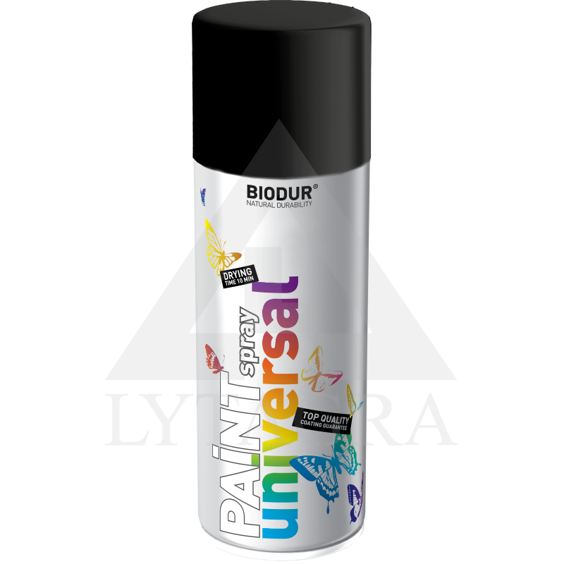 Universali aerozolinė emalė BIODUR, juoda matinė RAL9005, 400 ml