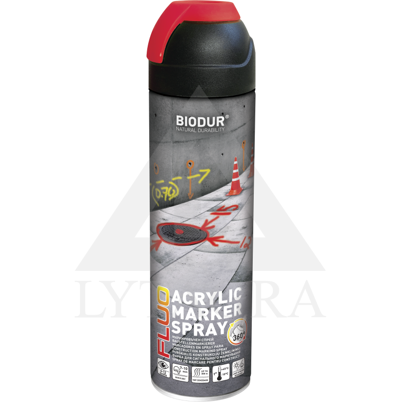Aerozoliniai konstrukcijų žymėjimo dažai BIODUR, raudoni, 500 ml