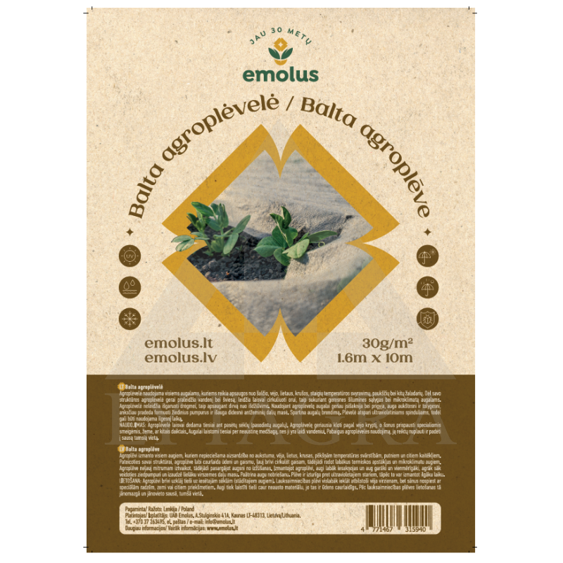 Agro plėvelė fasuota balta 1,6x10m 30g/m2